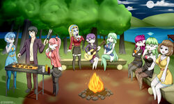  2022 5:3 absurd_res baterco bench blonde_hair blue_hair bonfire brown_hair campfire cooking_tongs detailed_background female fire_emblem gardevoir generation_3_pokemon green_hair grilling group guitar hair harem hi_res human kitchen_utensils lake male mammal moon musical_instrument nintendo not_furry pink_hair playing_guitar playing_music plucked_string_instrument pokemon pokemon_(species) red_hair signature string_instrument tongs tools 