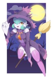  absurdres boots border breasts broom broom_riding clothed_pokemon cloud colored_skin commentary cosplay english_commentary female fewer_digits full_moon gardevoir green_hair hair_over_one_eye halloween halloween_costume hand_on_headwear hand_up hat highres lavenderaraliya mismagius mismagius_(cosplay) moon night night_sky one_eye_closed one_eye_covered open_mouth orange_eyes outdoors outside_border pink_footwear pokemon pokemon_(creature) purple_hat sky smile solo thigh_boots thighhighs twitter_username white_border white_skin witch_hat 