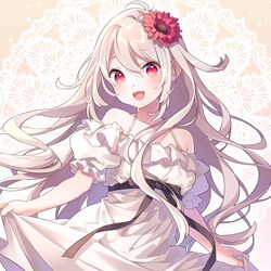  :d bad_id bad_pixiv_id bare_shoulders black_ribbon blonde_hair blush commission dress female flower hair_between_eyes hair_flower hair_ornament levka long_hair looking_at_viewer open_mouth original pixiv_commission red_eyes ribbon short_sleeves skirt_hold smile solo white_dress 