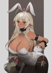  animal_ears antenna_hair armband bow bowtie breasts brown_eyes brown_pantyhose closed_mouth commentary cup dark-skinned_female dark_elf dark_skin detached_collar elf english_commentary fake_animal_ears female fishnet_pantyhose fishnets grey_hair hairband highres holding holding_cup large_breasts long_hair looking_at_viewer pantyhose playboy_bunny pointy_ears rabbit_ears sansei_muramasa solo soukou_akki_muramasa terupancake very_long_hair white_bow white_bowtie wing_collar wrist_cuffs 