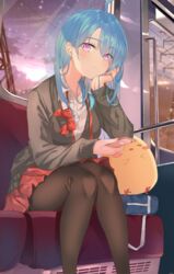  absurdres airpods azur_lane black_cardigan blue_hair blush bow breasts cardigan cellphone collared_shirt commentary earbuds earphones english_commentary expressionless female hair_behind_ear hand_on_own_head helena_(azur_lane) highres holding holding_phone leggings looking_down medium_breasts phone power_lines purple_eyes red_bow red_skirt school_uniform shirt sitting skirt smartphone solo sunset train_interior vayneeeee white_shirt wireless_earphones 