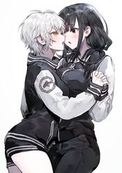  2girls :o black_hair black_jacket black_pants black_shorts blush breast_press breasts brown_eyes commentary dolphin_print eye_contact grey_background grey_hair grey_jacket highres holding_hands interlocked_fingers jacket long_hair long_sleeves looking_at_another messy_hair muaooooo multiple_girls orange_eyes original pale_skin pants short_hair shorts simple_background symmetrical_docking yuri zipper 