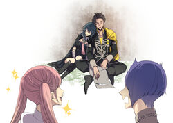  2boys 2girls black_footwear black_jacket black_pants blue_hair boots braid breasts brown_hair byleth_(female)_(fire_emblem) byleth_(fire_emblem) cape claude_von_riegan closed_eyes closed_mouth collar collarbone commentary_request crossed_legs ear_piercing earrings feathers fire_emblem fire_emblem:_three_houses from_behind fudou_(kakko_kari) full_body garreg_mach_monastery_uniform hair_between_eyes head_on_another&#039;s_shoulder hilda_valentine_goneril jacket jewelry knee_boots laughing long_hair long_sleeves looking_at_another lorenz_hellman_gloucester multiple_boys multiple_girls open_mouth pants piercing pink_hair purple_hair short_hair side_braid simple_background sitting sleeping smile sparkle standing surprised twintails uniform wavy_hair white_background yellow_cape 