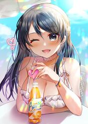  ;d alternate_costume bare_shoulders blue_hair blush bottle breasts cleavage collarbone commission dress drink drinking_straw female fire_emblem heart highres holding holding_drink juice large_breasts long_hair looking_at_viewer one_eye_closed open_mouth oribe_tsubasa skeb_commission sleeveless sleeveless_dress smile soda_bottle solo sundress sunlight tokyo_mirage_sessions_fe white_dress yam_(yamap_mako) 