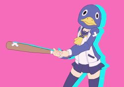  asian_clothing baseball_bat bat_(object) clothing crossover east_asian_clothing female hotline_miami human jacket japanese_clothing japanese_school_uniform legwear looking_at_viewer mammal mask not_furry_wearing_fursuit nyanlathotep prinny school_uniform serafuku simple_background solo thigh_highs topwear uniform 