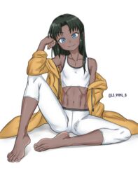  1boy absurdres arm_support artist_name bad_id bad_pixiv_id badrinath_harchand barefoot blue_eyes capri_pants coat collarbone commentary crop_top dark-skinned_male dark_skin drawstring elbow_rest full_body green_hair highres kidou_keisatsu_patlabor knee_up long_hair looking_at_viewer male_focus navel off_shoulder open_clothes open_coat pants ribs shirt simple_background sitting smile solo tank_top tsukimaru_(ls_99ml) twitter_username white_background white_pants white_shirt yellow_coat 