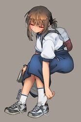  artist_logo artist_name black_hair blue_skirt blush closed_eyes closed_mouth ergot female fubuki_(kancolle) full_body grey_background highres kantai_collection putting_on_shoes shirt shoes short_hair short_ponytail short_sleeves simple_background skirt sneakers socks solo white_shirt white_socks 