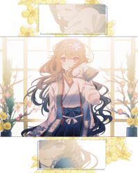  bad_id bad_pixiv_id blue_skirt breasts brown_hair closed_mouth commentary commission female flower girls&#039;_frontline hair_flower hair_ornament highres japanese_clothes js_9_(girls&#039;_frontline) js_9_(tender_marigold)_(girls&#039;_frontline) kimono long_hair long_sleeves looking_at_viewer official_alternate_costume open_mouth rabb_horn red_eyes skeb_commission skirt sleeves_past_wrists solo standing vase white_kimono window 