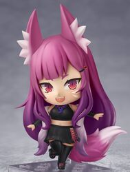  absurdres animal_ears black_footwear black_skirt black_thighhighs chibi commission facial_mark fangs faux_figurine female fox_ears fox_girl fox_tail full_body gradient_hair highres jewelry long_hair multicolored_hair necklace nendoroid original pink_hair pleated_skirt purple_hair red_nails second-party_source shiori2525 skirt slit_pupils solo tail teeth thighhighs upper_teeth_only very_long_hair 