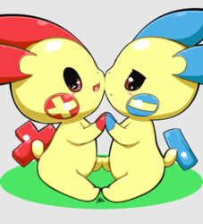  ambiguous_gender brown_eyes duo feral generation_3_pokemon gloves_(marking) grey_background hand_holding markings minun nintendo plusle pokemon pokemon_(species) sanusanu signature simple_background yellow_body 