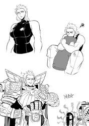  3girls armor bare_arms blanket breastplate breasts commentary facing_viewer gauntlets genderswap_(mtf) greyscale grin hand_up head_tilt highres huge_breasts hugging_object imperial_fists iron_warriors konrad_curze looking_at_viewer monochrome multiple_girls multiple_views muscular muscular_female night_lords parted_lips pauldrons pelvic_curtain perturabo pillow pillow_hug primarch rogal_dorn rule_63 ryuusei_(mark_ii) shoulder_armor siblings signature simple_background sisters smile solo_focus sparkle squiggle warhammer_40k white_background 