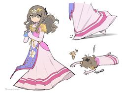  2girls brown_hair cosplay dress elbow_gloves fairy gloves highres link link_(cosplay) long_dress long_hair multiple_girls original pink_dress princess_zelda princess_zelda_(cosplay) simple_background sound_effects temmie_chang temmie_chang_(character) the_legend_of_zelda tiara tripping 