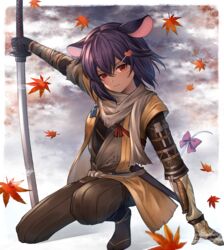  absurdres animal_ears annno_ans arm_up autumn_leaves border borrowed_character bow closed_mouth clothing_request commentary cosplay crossed_bangs dark-skinned_female dark_skin double-parted_bangs facial_mark female full_body hair_between_eyes hair_ornament hairclip half-closed_eyes hand_on_ground heart heart_hair_ornament highres hilt holding holding_sword holding_weapon indie_virtual_youtuber katana long_hair looking_at_viewer mouse_ears mouse_girl mouse_tail on_one_knee planted planted_sword purple_hair red_eyes sekiro sekiro:_shadows_die_twice sekiro_(cosplay) solo sword tail tail_bow tail_ornament v-shaped_eyebrows virtual_youtuber weapon whisker_markings white_border yatra_(vtuber) 