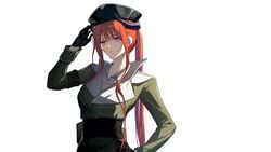  absurdres alternate_costume arknights arm_up bagpipe_(arknights) black_gloves black_hat collared_shirt dragon_horns female gloves hand_on_headwear hand_on_own_hip hat highres horns long_hair long_sleeves looking_away looking_to_the_side military military_uniform orange_hair parted_lips peaked_cap ponytail purple_eyes qinglai_haiji shirt sidelocks simple_background solo uniform very_long_hair white_background white_shirt 