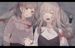  2girls :d ^_^ ammunition bad_id bad_pixiv_id bandaged_arm bandages bandaid bandaid_on_cheek bandaid_on_face bandaid_on_hand black_dress black_ribbon black_skirt blood blood_on_bandages blood_on_clothes blood_stain blunt_bangs blush brown_hair brown_nails bullet cartridge closed_eyes commentary crying crying_with_eyes_open drawstring dress ear_piercing earrings false_smile fingernails from_above grey_eyes grey_nails gun handgun holding_hands hood hood_down hoodie jewelry kogure_ruka letterboxed light_brown_hair long_hair long_sleeves looking_at_another lying multicolored_hair multiple_girls muted_color nail_polish on_back one_side_up open_mouth parted_lips piercing pink_hoodie pleated_skirt red_hair revision revolver ribbon sakura_no_sekai shirt skirt sleeveless sleeveless_dress smile snubnosed_revolver streaked_hair stud_earrings tears teeth tsuruse twintails upper_body upper_teeth_only utsumi_sakura weapon white_shirt 