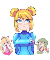  3girls alternate_hairstyle big_breasts breasts clothed clothing digicheeze double_bun female fully_clothed hair_buns heart kid_icarus mario_(series) metroid palutena princess_peach samus_aran solo_focus super_smash_bros. tagme thumbs_up zero_suit zero_suit_samus 