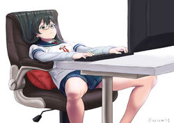  at_computer black_hair blue_eyes blue_hairband blue_sailor_collar blue_skirt breasts chair closed_mouth commentary_request computer computer_keyboard cushion female glasses hair_between_eyes hairband highres kantai_collection leaning_back long_hair long_sleeves medium_breasts misumi_(niku-kyu) monitor necktie office_chair ooyodo_(kancolle) pleated_skirt red_necktie sailor_collar school_uniform serafuku simple_background sitting skirt slouching solo spread_legs swivel_chair table twitter_username white_background 