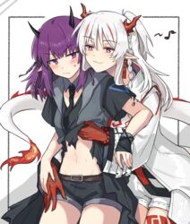  2girls arknights belt belt_buckle black_nails black_necktie black_shirt black_shorts blush braid buckle chinese_commentary coat commentary_request cowboy_shot demon_girl demon_horns dragon_girl dragon_horns dragon_tail half_updo hand_on_another&#039;s_thigh highres horns lava_(arknights) lava_the_purgatory_(arknights) long_hair looking_at_another looking_down looking_to_the_side mabing material_growth midriff multiple_girls musical_note nail_polish navel necktie nian_(arknights) oerba_yun_fang official_alternate_costume oripathy_lesion_(arknights) pointy_ears purple_eyes purple_hair red_hair shirt short_shorts short_sleeves shorts skin_fang smile standing stomach tail white_background white_coat white_hair yuri 