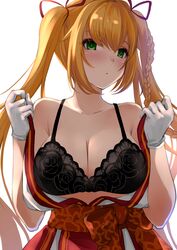  .live bare_shoulders black_bra blonde_hair blush bra braid breasts cleavage closed_mouth collarbone commentary_request female gloves green_eyes hair_ribbon highres japanese_clothes kimono kongou_iroha large_breasts long_hair off_shoulder open_clothes open_kimono red_ribbon ribbon sidelocks solo twintails underwear undressing upper_body virtual_youtuber wee_(weeyy) white_gloves white_kimono 