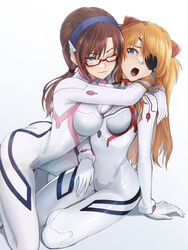  2girls :3 :o ass blue_eyes bodysuit breast_press breasts commentary_request evangelion:_3.0+1.0_thrice_upon_a_time eyepatch glasses hair_ornament hairband highres hug interface_headset ivuki large_breasts long_hair makinami_mari_illustrious medium_breasts multiple_girls neon_genesis_evangelion official_alternate_costume orange_hair pilot_suit plugsuit rebuild_of_evangelion red-framed_eyewear semi-rimless_eyewear simple_background skin_tight smile souryuu_asuka_langley twintails under-rim_eyewear white_bodysuit yuri 