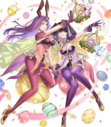  2girls ;d animal_ears black_hair blue_flower blunt_bangs breasts brown_eyes circlet cleavage detached_collar easter_egg egg fake_animal_ears fire_emblem fire_emblem_awakening fire_emblem_echoes:_shadows_of_valentia fire_emblem_gaiden fire_emblem_heroes flower gloves grey_eyes grin high_heels highres kippu large_breasts long_hair multiple_girls non-web_source official_art one_eye_closed open_mouth outstretched_arm pantyhose parted_lips petals pink_flower purple_gloves purple_hair purple_legwear rabbit rabbit_ears shirt smile sonya_(fire_emblem_gaiden) sonya_(spring)_(fire_emblem) strapless strapless_shirt tharja_(fire_emblem) tharja_(spring)_(fire_emblem) thighs transparent_background white_flower yellow_flower yellow_footwear 