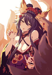  animal_ear_fluff animal_ears bad_id bad_pixiv_id bare_shoulders black_hair blush breasts choker cleavage female fox_ears fox_girl fox_mask fox_tail hair_between_eyes hair_ornament hair_stick idolmaster idolmaster_shiny_colors japanese_clothes kimono large_breasts long_hair long_sleeves looking_at_viewer mask minyom multiple_tails off_shoulder open_mouth purple_kimono shirase_sakuya solo tail yellow_eyes 