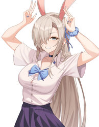  animal_ears asuna_(blue_archive) black_choker blue_archive blue_bow blue_bowtie blue_nails bow bowtie breasts bursting_breasts choker commentary_request fake_animal_ears female hair_over_one_eye hair_ribbon highres large_breasts long_bangs long_hair loose_bowtie rabbit_ears ribbon school_uniform scrunchie solo upper_body very_long_hair wrist_scrunchie yt9676 