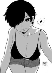  absurdres breasts cleavage collarbone commentary female greyscale heart highres large_breasts leaning_forward monochrome norman_maggot olive_laurentia original parted_bangs parted_lips pixie_cut short_hair short_shorts shorts solo standing thighs 