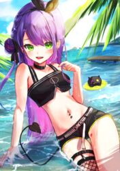  alternate_costume alternate_hairstyle bibi_(tokoyami_towa) blush breasts cloud commentary_request demon_tail female green_eyes headband highres hololive long_hair looking_at_viewer navel ocean open_mouth palm_leaf pointy_ears purple_hair shorts sky small_breasts solo tail tokoyami_towa tokoyami_towa_(1st_costume) virtual_youtuber yaya_(88cha) 