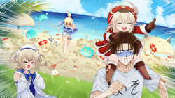  &gt;_&lt; 1boy 3girls :d ^_^ anger_vein artist_self-insert barbara_(genshin_impact) barbara_(summertime_sparkle)_(genshin_impact) beach blonde_hair blue_one-piece_swimsuit blue_sky boots bow braid brown_footwear brown_gloves brown_hair cabbie_hat carrying carrying_person chasing closed_eyes cloud cloudy_sky clover_print coat day detached_sleeves fleeing genshin_impact gloves hair_ribbon hairbow hat hat_feather hat_ornament horizon jean_(genshin_impact) jean_(sea_breeze_dandelion)_(genshin_impact) jumpy_dumpty klee_(genshin_impact) knee_boots kneehighs light_brown_hair multiple_girls ocean official_alternate_costume one-piece_swimsuit open_mouth original outdoors pointing ponytail red_coat red_headwear ribbon shirt shoulder_carry sky slime_(genshin_impact) smile socks sweatdrop swimsuit sylvia_m t-shirt twin_braids twintails white_shirt xd 