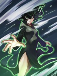  black_dress breasts dress feet_out_of_frame female floating_hair green_eyes green_hair green_outline highres korean_commentary looking_at_viewer one-punch_man outline parted_lips signature small_breasts solo tatsumaki toot wind 