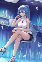  absurdres alcohol aoki_hagane_no_arpeggio arm_up bangs bare_legs black_shorts blue_eyes blue_footwear blue_hair blush breasts bug butterfly cocktail_glass crossed_legs cup drinking_glass eyebrows_visible_through_hair female full_body high_heels highres holding holding_cup jewelry legs long_hair looking_at_viewer medium_breasts necklace open_mouth original parted_lips ponytail sauvignon shirt shorts sitting smile solo takao_(aoki_hagane_no_arpeggio) white_shirt 