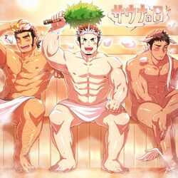  3boys ^_^ abs animal_ears antenna_hair arm_hair bara bird_ears black_hair blonde_hair blush chest_hair closed_eyes closed_mouth crossed_legs facial_hair goatee head_wings hermes_(housamo) highres holding large_pectorals leg_hair long_sideburns male_focus multicolored_hair multiple_boys muscular muscular_male navel nipples nude open_mouth pectorals sauna short_hair sideburns sitting smile snowflakes steam stubble tepen_(tptptpn) tokyo_afterschool_summoners tomte_(housamo) towel towel_around_waist translation_request two-tone_hair wings yamasachihiko_(housamo) 