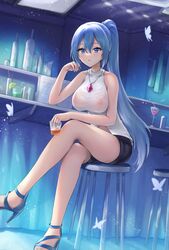  absurdres alcohol aoki_hagane_no_arpeggio arm_up bangs bare_legs black_shorts blue_eyes blue_footwear blue_hair blush breasts bug butterfly cocktail_glass crossed_legs cup drinking_glass eyebrows_visible_through_hair female full_body high_heels highres holding holding_cup jewelry legs long_hair looking_at_viewer medium_breasts necklace open_mouth original parted_lips ponytail sauvignon see-through shirt shorts sitting smile solo takao_(aoki_hagane_no_arpeggio) wet wet_clothes wet_shirt white_shirt 