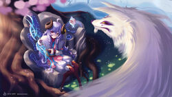  absurdres bow_(weapon) braid cherry_blossoms female flower hair_flower hair_ornament highres hooves horns japanese_clothes kimono kindred_(league_of_legends) lamb_(league_of_legends) league_of_legends long_hair purple_hair red_eyes sheep_girl sheep_horns sitting spirit_blossom_(league_of_legends) spirit_blossom_kindred tree uranophane weapon wolf_(league_of_legends) 