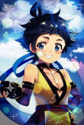  bandaid bandaid_on_cheek bandaid_on_face black_bra black_gloves black_hair black_wrist_cuffs blue_eyes blue_sky blush bra clothing_request cloud cloudy_sky ensemble_girls! female fingerless_gloves gloves hisayoshi_(hisa) looking_at_viewer short_hair sky smile solo teeth underwear vest wrist_cuffs yakabe_hikaru yellow_vest 