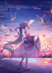  absurdres animal bare_shoulders bird blue_eyes blue_hair breasts closed_mouth cloud commentary_request detached_sleeves dress female hatsune_miku high_heels highres long_hair long_sleeves looking_at_viewer looking_to_the_side nishina_hima outdoors pink_dress pink_sleeves see-through shawl shoe_soles shoes sky small_breasts smile solo standing standing_on_one_leg star_(sky) starry_sky sunset twintails very_long_hair vocaloid water white_footwear white_headwear white_sleeves 