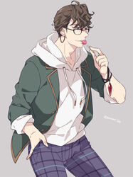  1boy alternate_costume brown_hair candy earrings food glasses granblue_fantasy green_eyes green_jacket grey_background hooded_shirt jacket jewelry lobelia_(granblue_fantasy) lollipop male_focus mame_lde open_clothes open_jacket pants shirt short_hair simple_background solo tongue tongue_out white_shirt wristband 