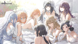  6+girls black_hair blonde_hair blue_hair braid breasts bridal_veil brown_hair cleavage commentary copyright_name day dress elbow_gloves english_commentary expressionless french_braid girls&#039;_frontline gloves hair_between_eyes highres large_breasts looking_at_viewer low_ponytail lying m37_(a_long_vacation_with_ithaca)_(girls&#039;_frontline) m37_(girls&#039;_frontline) modare multiple_girls no_bra official_alternate_costume official_art on_back on_stomach ots-14_(destined_love)_(girls&#039;_frontline) ots-14_(girls&#039;_frontline) ponytail purple_hair red_eyes shoulder_blades sideboob smile type_64_(girls&#039;_frontline) type_81_carbine_(girls&#039;_frontline) type_95_(girls&#039;_frontline) type_95_(prairie_gentian_and_her_season)_(girls&#039;_frontline) veil webley_(before_sunset)_(girls&#039;_frontline) webley_(girls&#039;_frontline) wedding_dress white_dress xm8_(girls&#039;_frontline) xm8_(the_rose_chess_player&#039;s_confession)_(girls&#039;_frontline) zb-26_(girls&#039;_frontline) zb-26_(the_1000th_paper_crane)_(girls&#039;_frontline) 