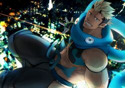  1boy abs bara bare_shoulders black_pants blonde_hair blue_scarf chest_harness cityscape crow_(siranui) harness highres horns jiraiya_(housamo) large_pectorals looking_at_viewer male_focus muscular muscular_male pants pectorals scarf short_hair sideburns skin-covered_horns smile solo stomach thick_thighs thighs tight_clothes tokyo_afterschool_summoners 