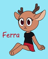  2022 4_fingers anthro antlers big_eyes biped black_clothing black_shirt black_topwear blue_background bottomwear breasts brown_body brown_fur character_name clothed clothing deer digital_drawing_(artwork) digital_media_(artwork) eyelashes female ferra_(pazymomo) fingers flat_colors full-length_portrait fully_clothed fur hi_res hooves horn looking_at_viewer mammal new_world_deer no_pupils pazymomo pink_eyes pink_nose portrait red_bottomwear red_clothing red_skirt reindeer shirt simple_background sitting skirt smile solo text topwear unusual_font 