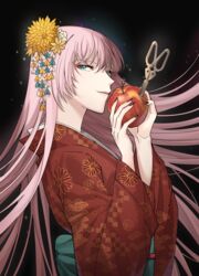  absurdres apple aqua_eyes black_background black_nails commentary_request enbizaka_no_shitateya_(vocaloid) evil_smile evillious_nendaiki female fingernails floral_print flower food fruit green_sash hair_flower hair_ornament highres holding holding_food holding_fruit japanese_clothes kanzashi kimono long_fingernails long_hair long_sleeves looking_at_viewer looking_to_the_side megurine_luka obi pale_skin pink_hair qltnrl9999 red_apple red_kimono sash scissors sharp_fingernails smile solo sudou_kayo tsumami_kanzashi twin_blades_of_levianta very_long_hair vessel_of_sin vocaloid wide_sleeves yellow_flower 