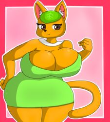  2020 absurd_res animal_crossing anthro big_breasts breasts brown_eyes clothing demongirl_demoness digital_drawing_(artwork) digital_media_(artwork) domestic_cat dress felid feline felis female food fruit fur green_clothing hi_res huge_breasts hyper hyper_breasts leaf mammal nintendo orange_body orange_fur plant solo tangy_(animal_crossing) thick_thighs wide_hips 