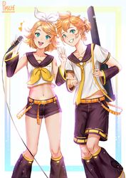  1boy absurdres ahoge anniversary artist_name bare_shoulders bass_clef belt blonde_hair bow collarbone commentary crop_top detached_sleeves female flat_chest green_eyes grin hair_ornament hairbow hairclip heart highres holding holding_microphone instrument instrument_case instrument_on_back kagamine_len kagamine_rin keytar leg_warmers looking_at_viewer microphone midriff navel neckerchief necktie number_tattoo open_mouth pimienta_kast sailor_collar short_hair short_ponytail shorts shoulder_tattoo smile sparkle tattoo treble_clef twitter_username vocaloid yellow_nails yellow_neckerchief yellow_necktie 