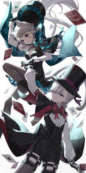  1boy absurdres aqua_bow black_dress black_headwear boots bow breasts brother_and_sister card cleavage closed_mouth commentary_request dress facial_tattoo female frills genshin_impact grey_pantyhose grey_thighhighs hat highres holding holding_card huge_bow juliet_sleeves knee_boots knee_up light_brown_hair long_sleeves lynette_(genshin_impact) lyney_(genshin_impact) neneko_sleep pantyhose puffy_sleeves purple_eyes shirt short_dress siblings simple_background small_breasts smile star_tattoo tailcoat tattoo teardrop_tattoo thighhighs top_hat two-tone_gloves white_background white_shirt 