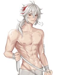  1boy abs bandages barbell_piercing closed_mouth collarbone ear_piercing english_commentary genshin_impact groin hair_between_eyes highres kaedehara_kazuha lip_piercing looking_at_viewer male_focus multicolored_hair muscular muscular_male navel nipple_bar nipple_piercing nipples piercing red_eyes red_hair shesofyee side_ponytail simple_background single_nipple_piercing solo standing streaked_hair sweat topless_male towel twitter_username white_background white_hair 