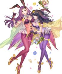  2girls :d animal_ears black_hair blue_flower blunt_bangs breasts brown_eyes circlet cleavage detached_collar fake_animal_ears fire_emblem fire_emblem_awakening fire_emblem_echoes:_shadows_of_valentia fire_emblem_gaiden fire_emblem_heroes flower gloves grey_eyes hand_up high_heels highres kippu large_breasts long_hair looking_at_viewer multiple_girls non-web_source official_art open_mouth pantyhose petals pink_flower purple_gloves purple_hair purple_legwear rabbit rabbit_ears shirt smile sonya_(fire_emblem_gaiden) sonya_(spring)_(fire_emblem) strapless strapless_shirt tharja_(fire_emblem) tharja_(spring)_(fire_emblem) thighs transparent_background white_flower yellow_flower yellow_footwear 