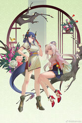  2girls alternate_costume animal_ears arknights blue_hair breasts ch&#039;en_(arknights) china_dress chinese_clothes dragon_girl dragon_horns dragon_tail dress folded_fan folding_fan full_body hair_ornament hand_fan hanfu highres holding holding_fan horns inuko_(redconstellation) lin_(arknights) long_hair looking_at_viewer mouse_ears mouse_girl multiple_girls pink_eyes red_eyes tail twintails white_hair 