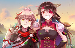  1boy :d bandaged_arm bandages beidou_(genshin_impact) black_hair blurry breasts cape chinese_clothes cleavage commentary_request depth_of_field elbow_gloves eyepatch female fur-trimmed_cape fur_trim genshin_impact gloves hair_ornament hairpin headpat japanese_clothes kaedehara_kazuha long_hair long_sleeves looking_at_viewer low_ponytail multicolored_hair open_mouth orange_eyes sidelocks signature smile streaked_hair sylvia_m twilight two-tone_hair white_hair wide_sleeves yellow_eyes 