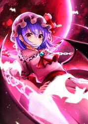  absurdres ascot bat_(animal) bat_wings blurry blurry_foreground blush brooch closed_mouth commentary_request depth_of_field female frilled_shirt_collar frills from_below full_moon hair_between_eyes hands_on_own_hips hat highres hoshikage_syo jewelry looking_at_viewer miserable_fate mob_cap moon night puffy_short_sleeves puffy_sleeves purple_hair red_ascot red_eyes red_moon remilia_scarlet short_hair short_sleeves smile solo spell_card touhou wings 